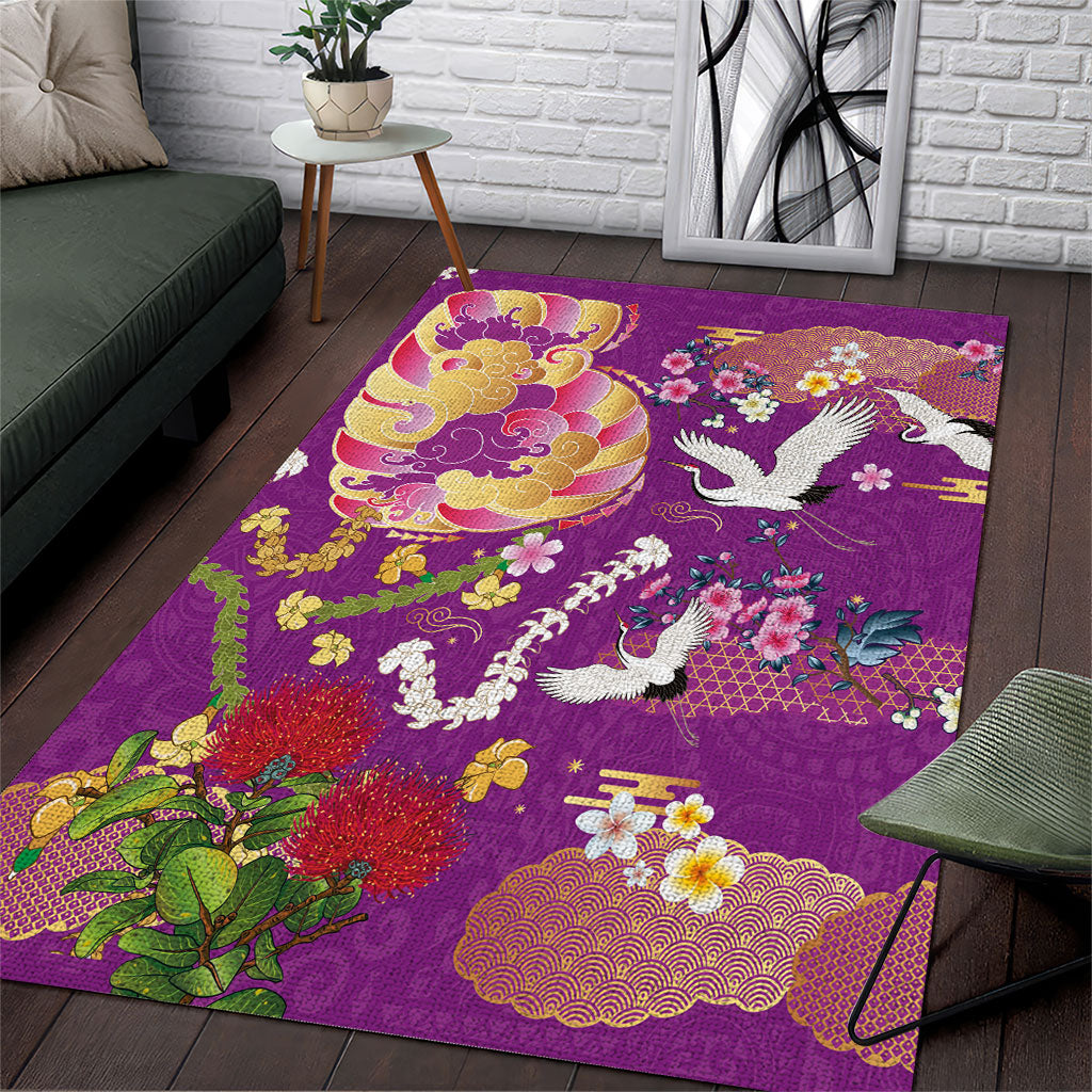 Hawaiian and Japanese Culture Together Area Rug Kakau Tribal Pattern and Irezumi Art Purple Color LT03 Purple - Polynesian Pride