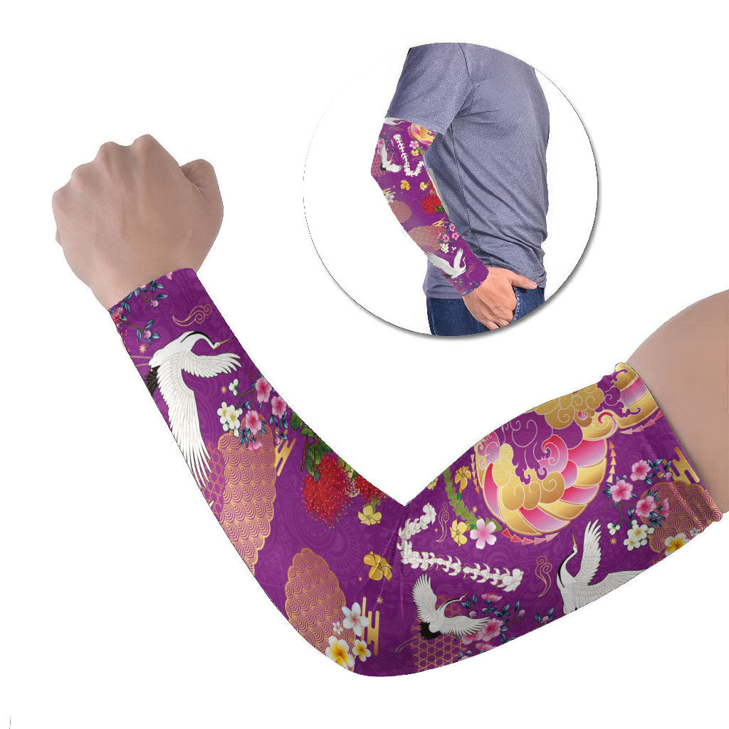 Hawaiian and Japanese Culture Together Arm Sleeves Kakau Tribal Pattern and Irezumi Art Purple Color LT03 Set of 2 Purple - Polynesian Pride