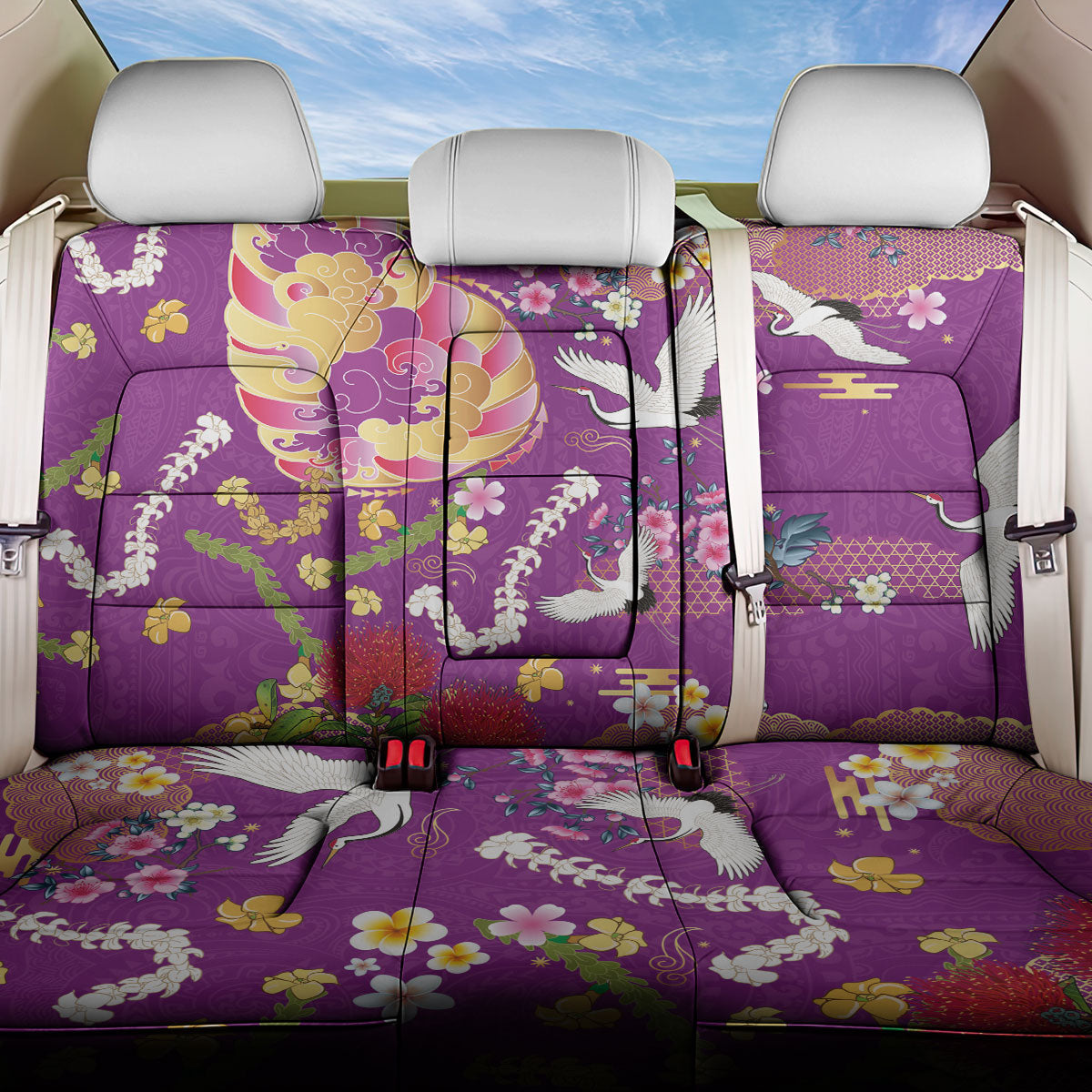 Hawaiian and Japanese Culture Together Back Car Seat Cover Kakau Tribal Pattern and Irezumi Art Purple Color LT03 One Size Purple - Polynesian Pride