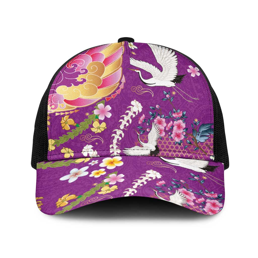 Hawaiian and Japanese Culture Together Baseball Net Cap Kakau Tribal Pattern and Irezumi Art Purple Color LT03 One Size Black Purple - Polynesian Pride
