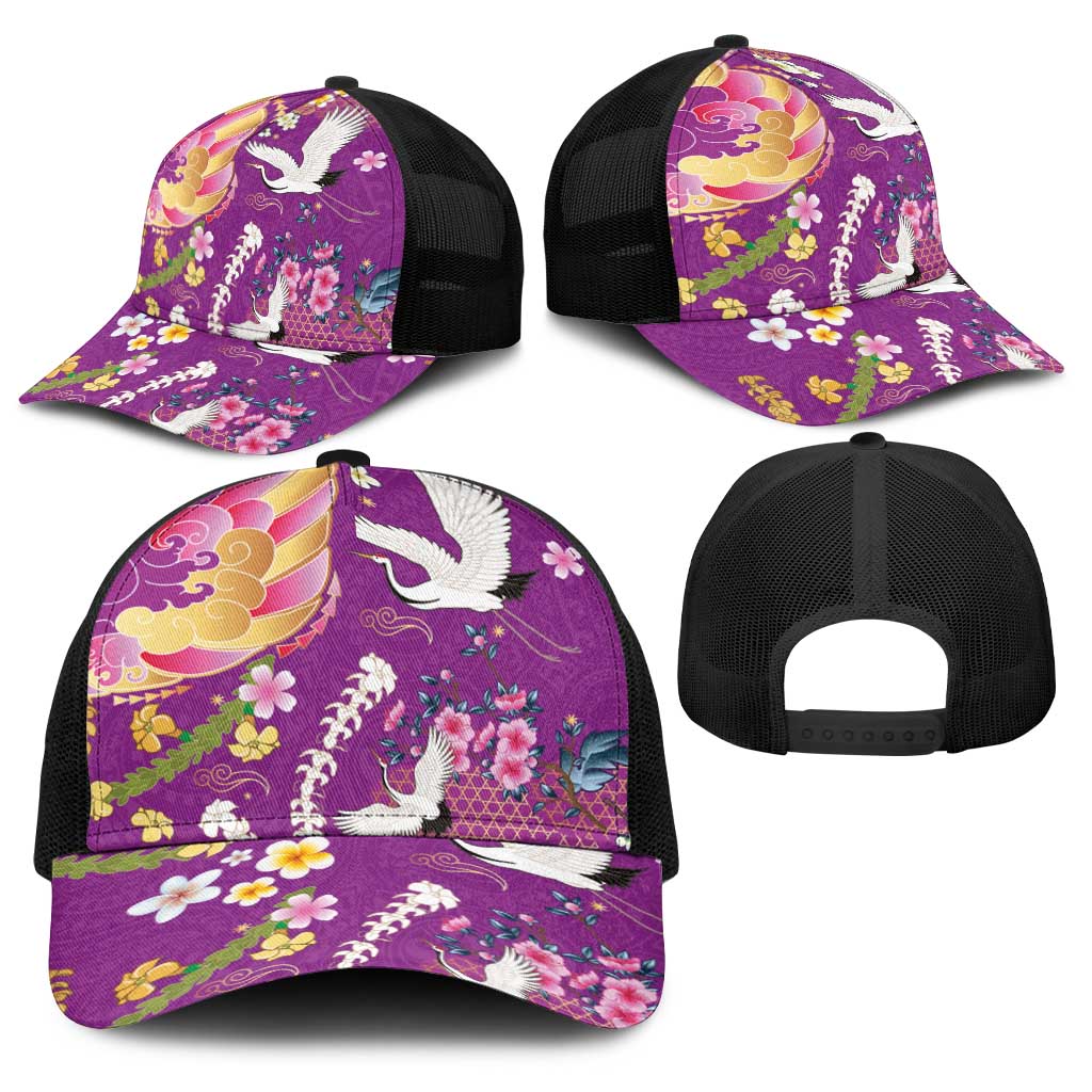 Hawaiian and Japanese Culture Together Baseball Net Cap Kakau Tribal Pattern and Irezumi Art Purple Color LT03 - Polynesian Pride