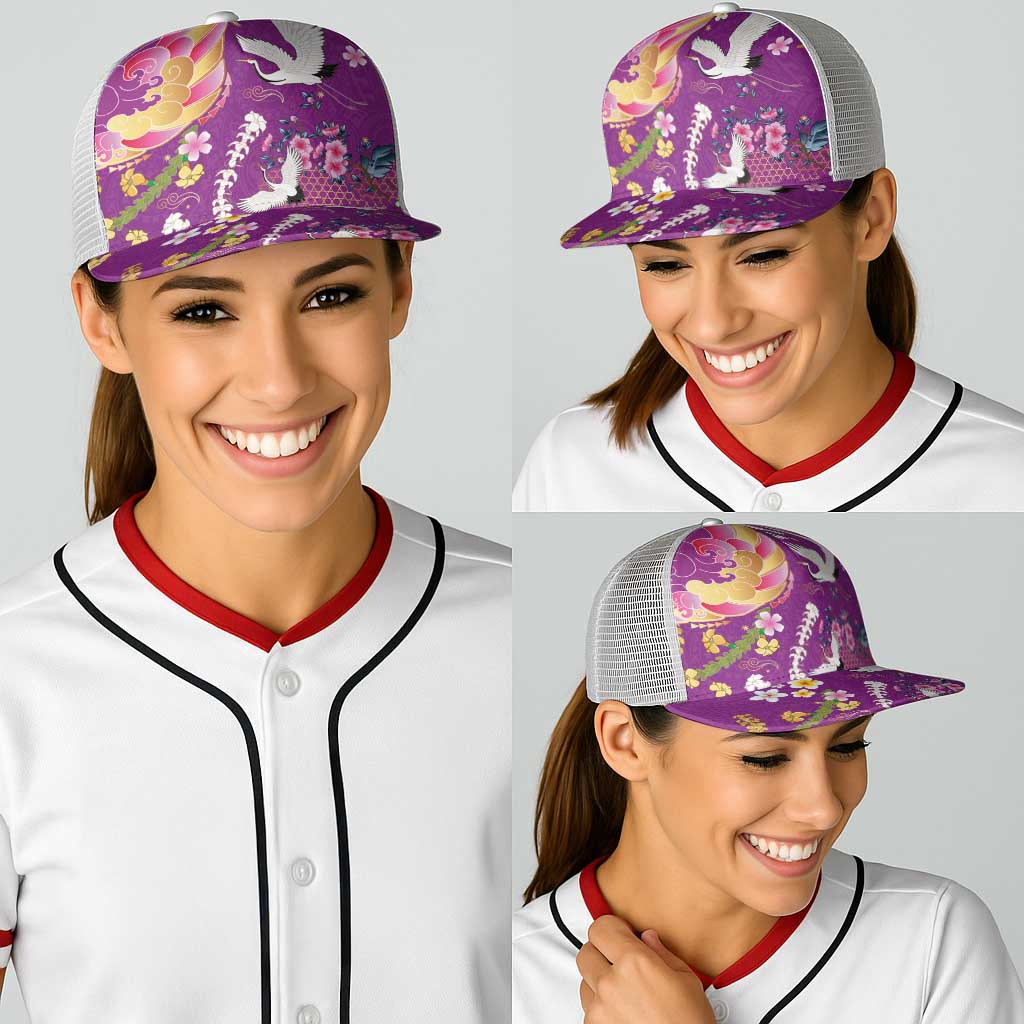 Hawaiian and Japanese Culture Together Baseball Net Cap Kakau Tribal Pattern and Irezumi Art Purple Color LT03 - Polynesian Pride