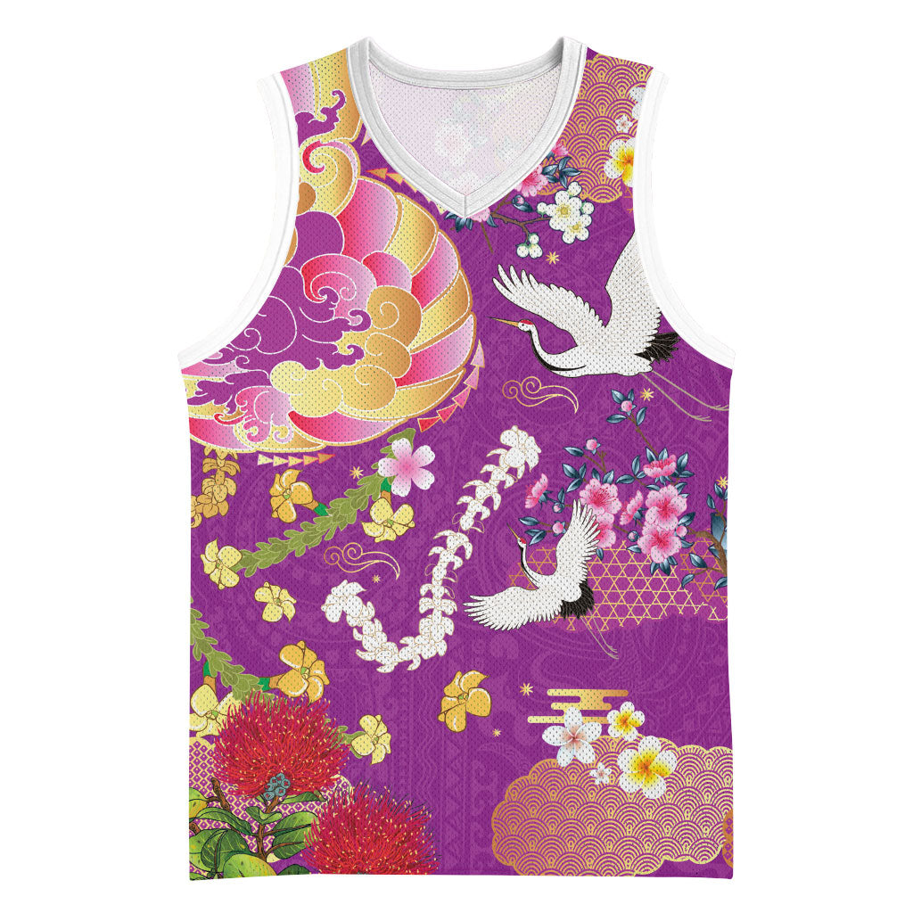 Hawaiian and Japanese Culture Together Basketball Jersey Kakau Tribal Pattern and Irezumi Art Purple Color LT03 Unisex Purple - Polynesian Pride