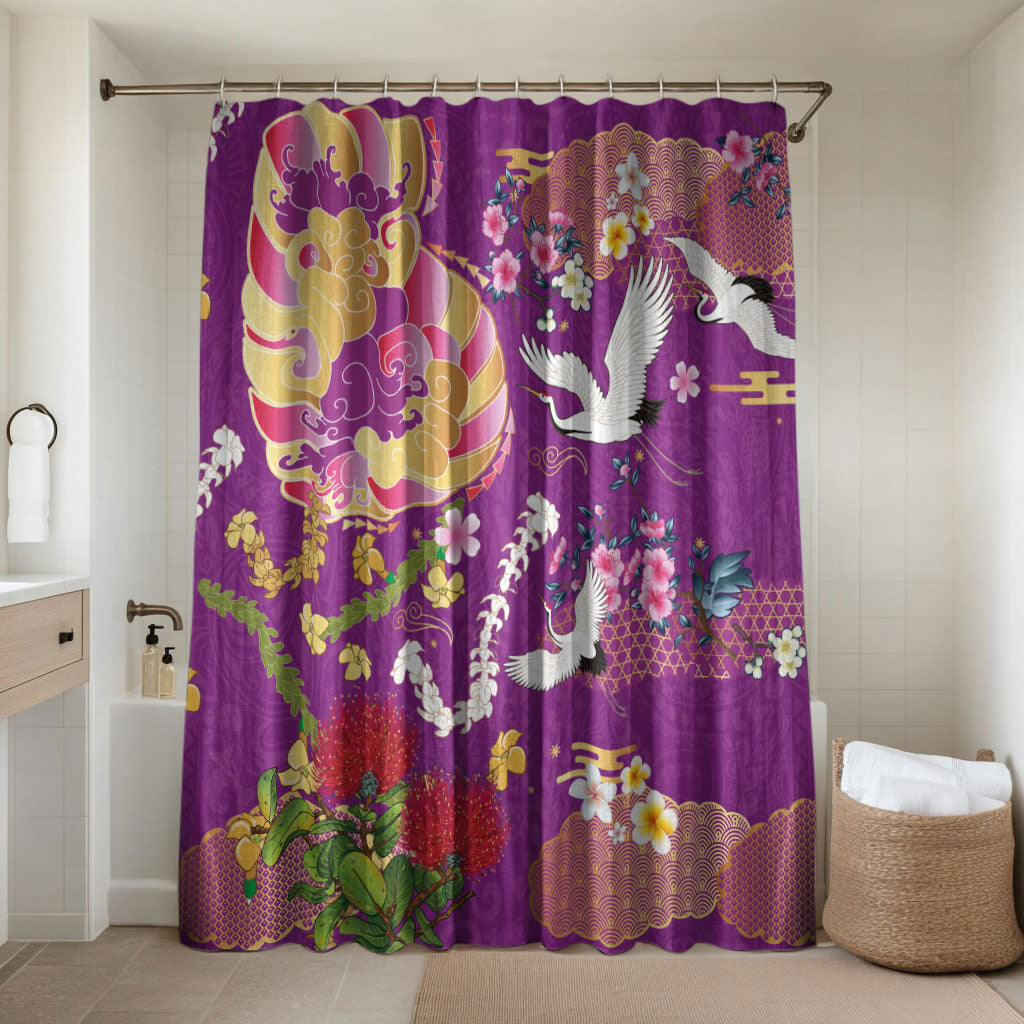 Hawaiian and Japanese Culture Together Bathroom Set Kakau Tribal Pattern and Irezumi Art Purple Color LT03 Shower Curtain Only Purple - Polynesian Pride