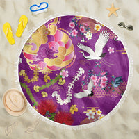 Hawaiian and Japanese Culture Together Beach Blanket Kakau Tribal Pattern and Irezumi Art Purple Color LT03 One Size 150cm Purple - Polynesian Pride