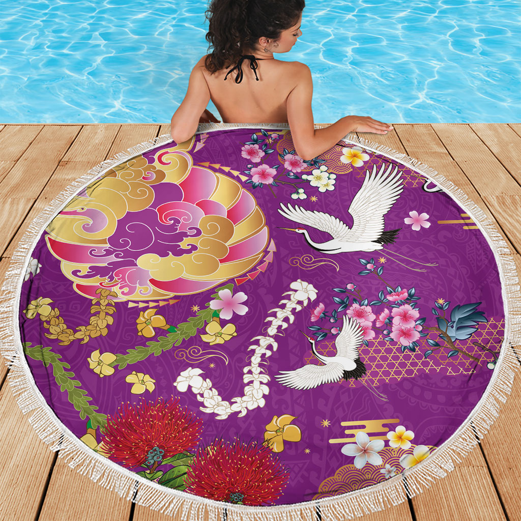 Hawaiian and Japanese Culture Together Beach Blanket Kakau Tribal Pattern and Irezumi Art Purple Color LT03 - Polynesian Pride