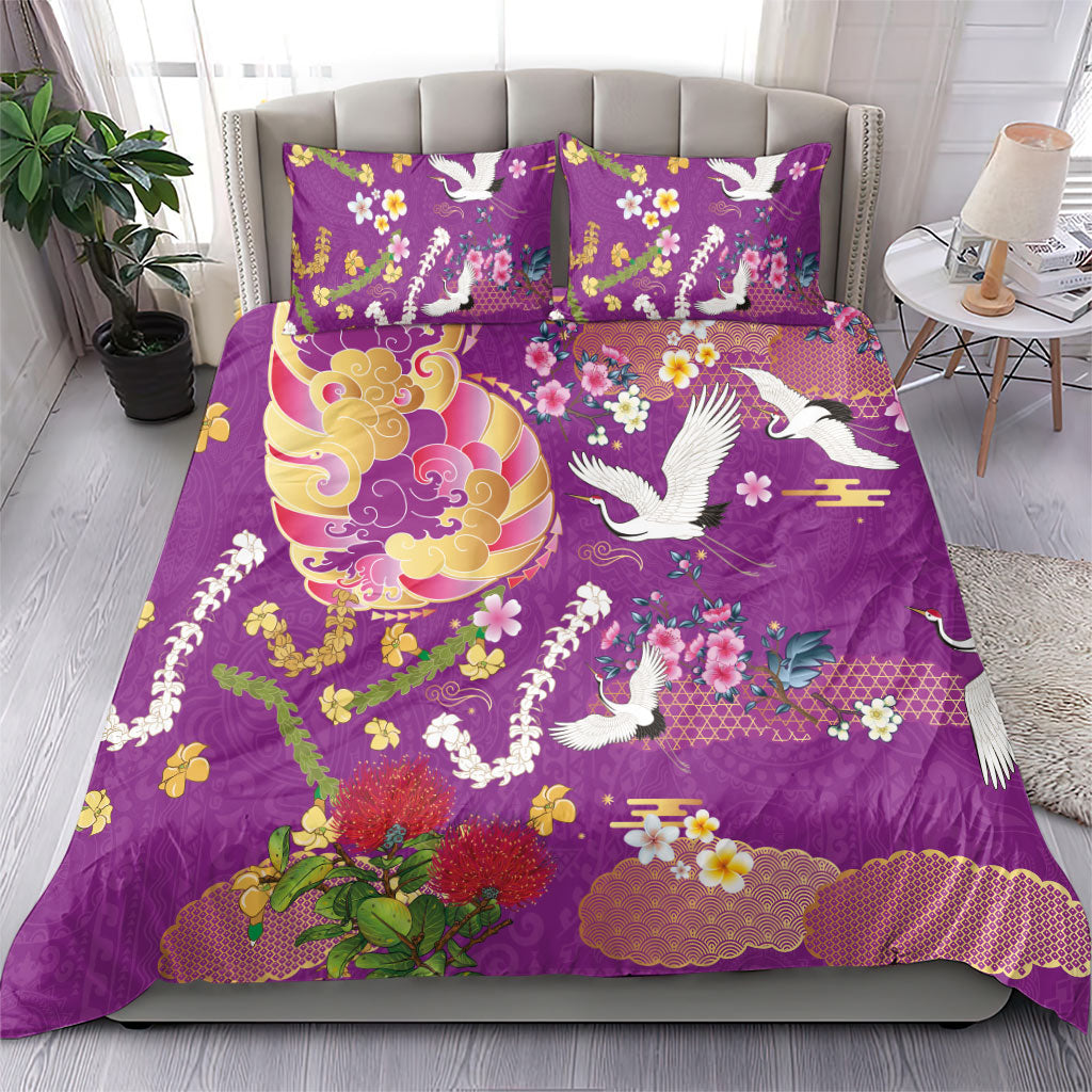 Hawaiian and Japanese Culture Together Bedding Set Kakau Tribal Pattern and Irezumi Art Purple Color LT03 - Polynesian Pride