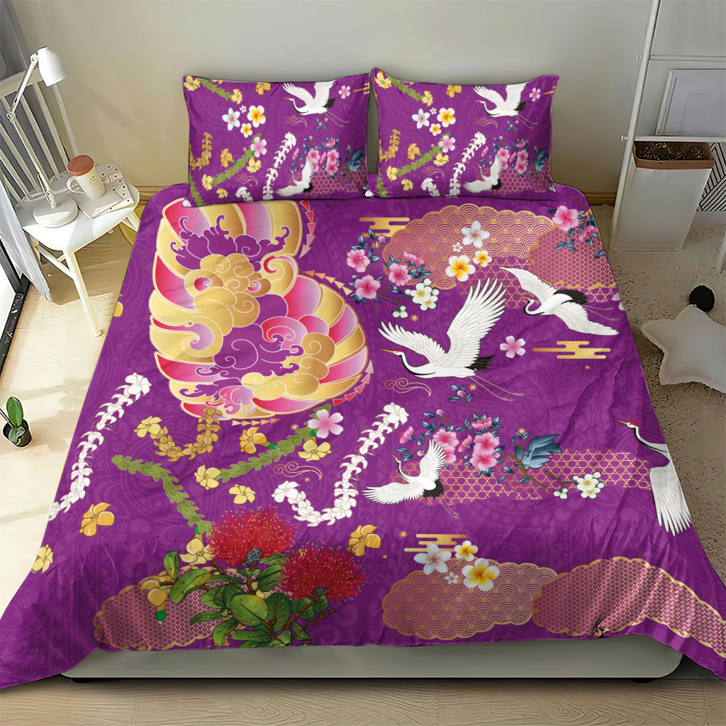 Hawaiian and Japanese Culture Together Bedding Set Kakau Tribal Pattern and Irezumi Art Purple Color LT03 - Polynesian Pride