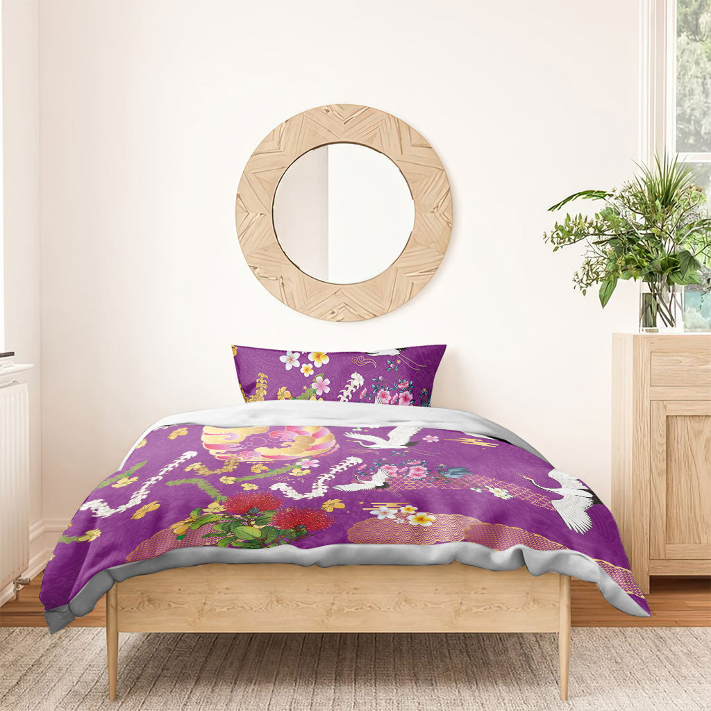 Hawaiian and Japanese Culture Together Bedding Set Kakau Tribal Pattern and Irezumi Art Purple Color LT03 - Polynesian Pride