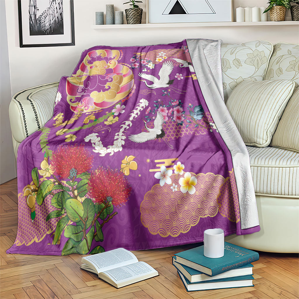 Hawaiian and Japanese Culture Together Blanket Kakau Tribal Pattern and Irezumi Art Purple Color LT03 Purple - Polynesian Pride