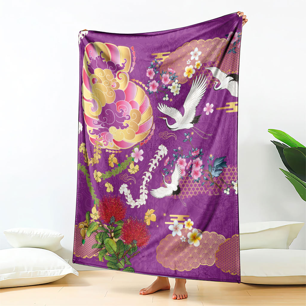 Hawaiian and Japanese Culture Together Blanket Kakau Tribal Pattern and Irezumi Art Purple Color LT03 - Polynesian Pride