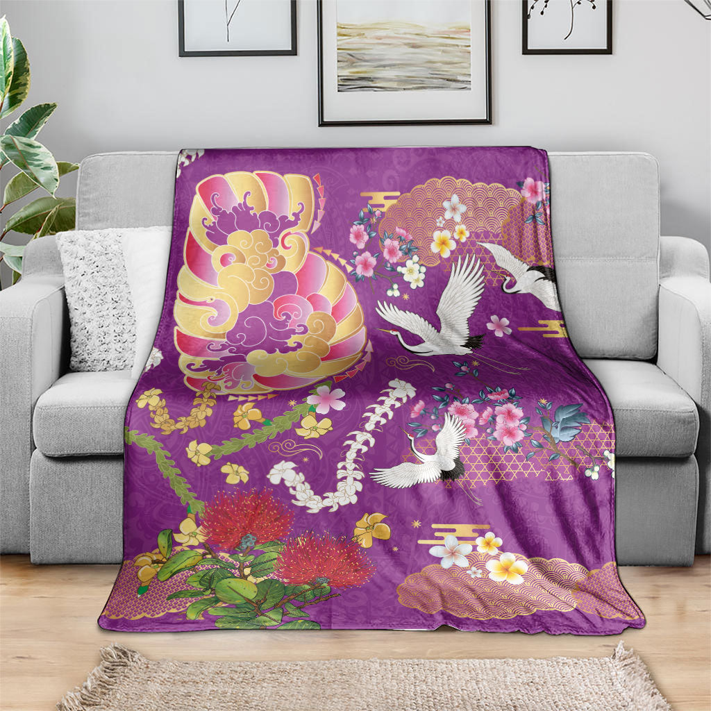 Hawaiian and Japanese Culture Together Blanket Kakau Tribal Pattern and Irezumi Art Purple Color LT03 - Polynesian Pride