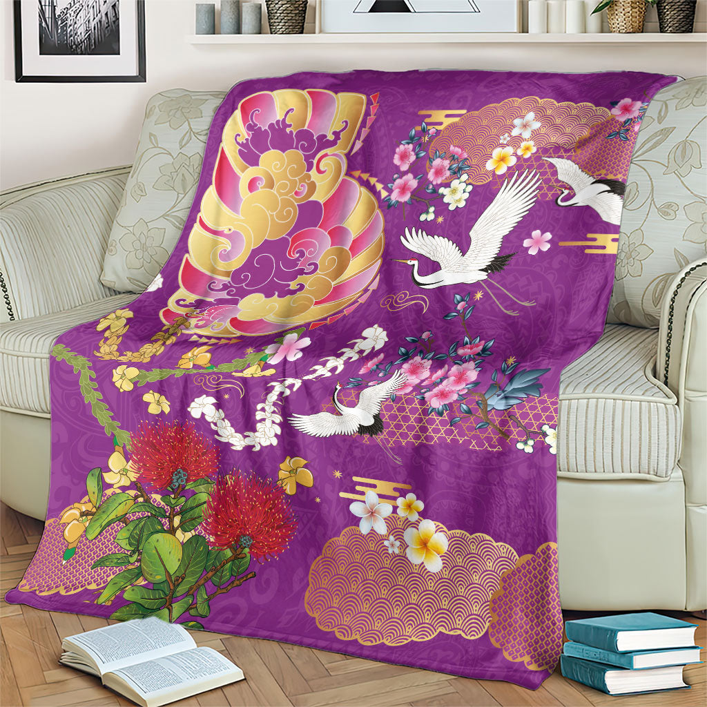 Hawaiian and Japanese Culture Together Blanket Kakau Tribal Pattern and Irezumi Art Purple Color LT03 - Polynesian Pride