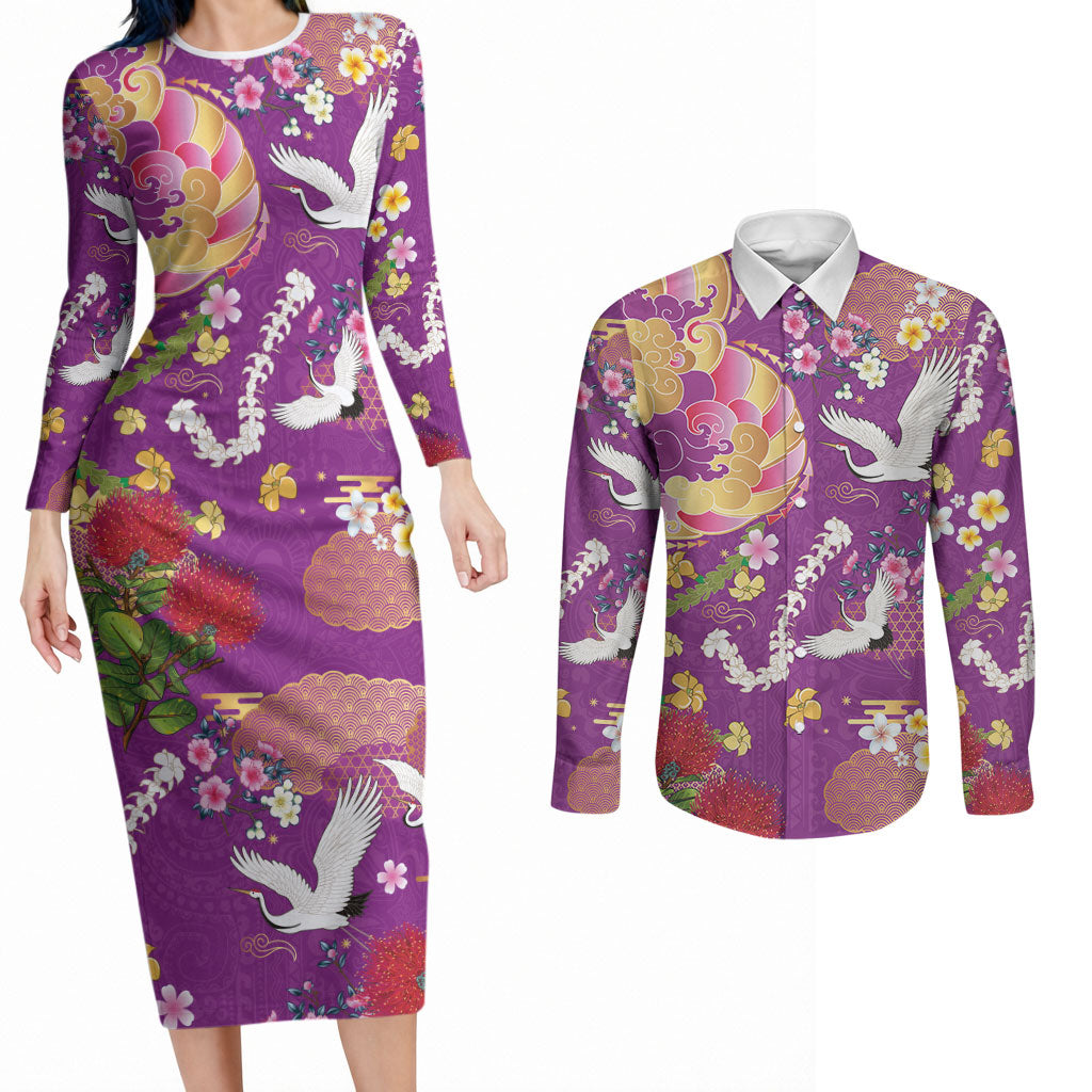 Hawaiian and Japanese Culture Together Couples Matching Long Sleeve Bodycon Dress and Long Sleeve Button Shirt Kakau Tribal Pattern and Irezumi Art Purple Color LT03 Purple - Polynesian Pride