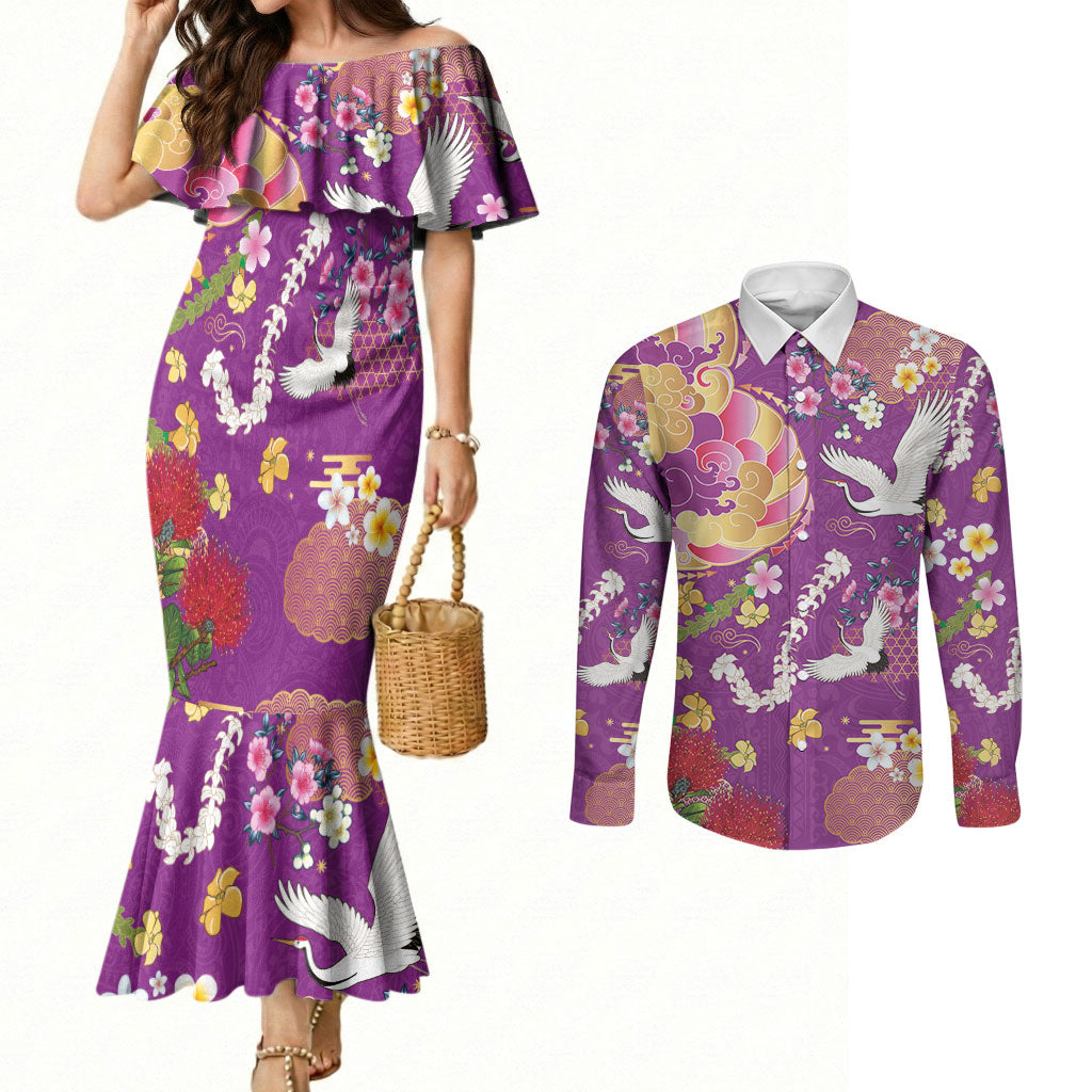 Hawaiian and Japanese Culture Together Couples Matching Mermaid Dress and Long Sleeve Button Shirt Kakau Tribal Pattern and Irezumi Art Purple Color LT03 Purple - Polynesian Pride