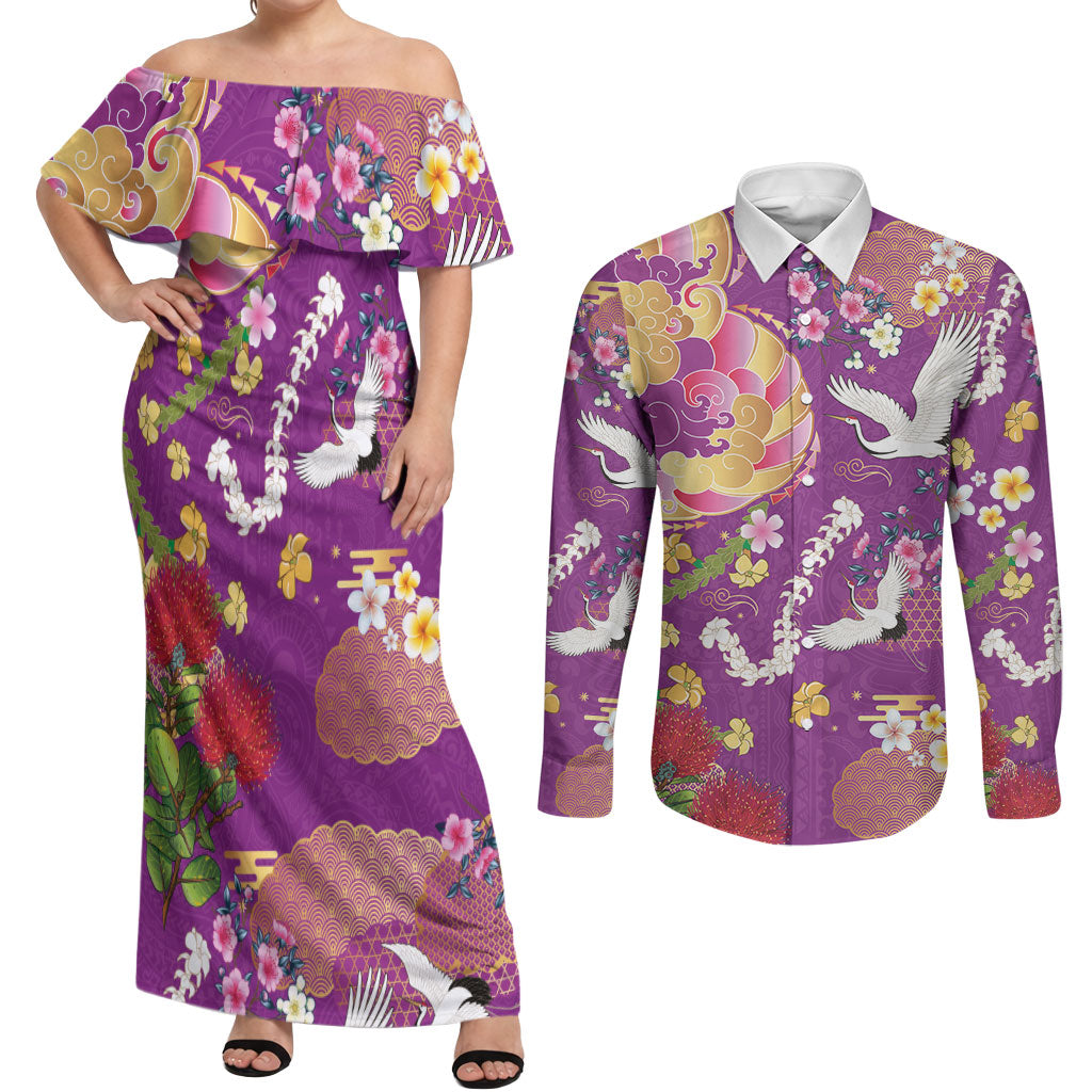 Hawaiian and Japanese Culture Together Couples Matching Off Shoulder Maxi Dress and Long Sleeve Button Shirt Kakau Tribal Pattern and Irezumi Art Purple Color LT03 Purple - Polynesian Pride