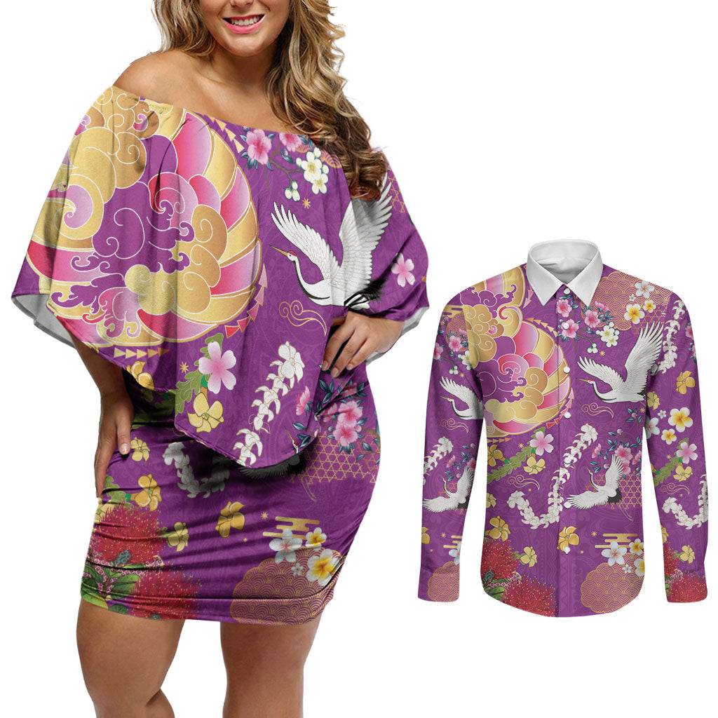 Hawaiian and Japanese Culture Together Couples Matching Off Shoulder Short Dress and Long Sleeve Button Shirt Kakau Tribal Pattern and Irezumi Art Purple Color LT03 Purple - Polynesian Pride