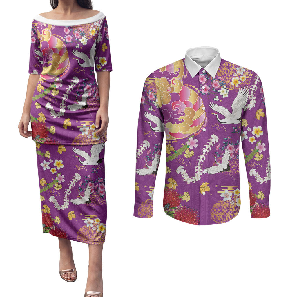 Hawaiian and Japanese Culture Together Couples Matching Puletasi and Long Sleeve Button Shirt Kakau Tribal Pattern and Irezumi Art Purple Color LT03 Purple - Polynesian Pride