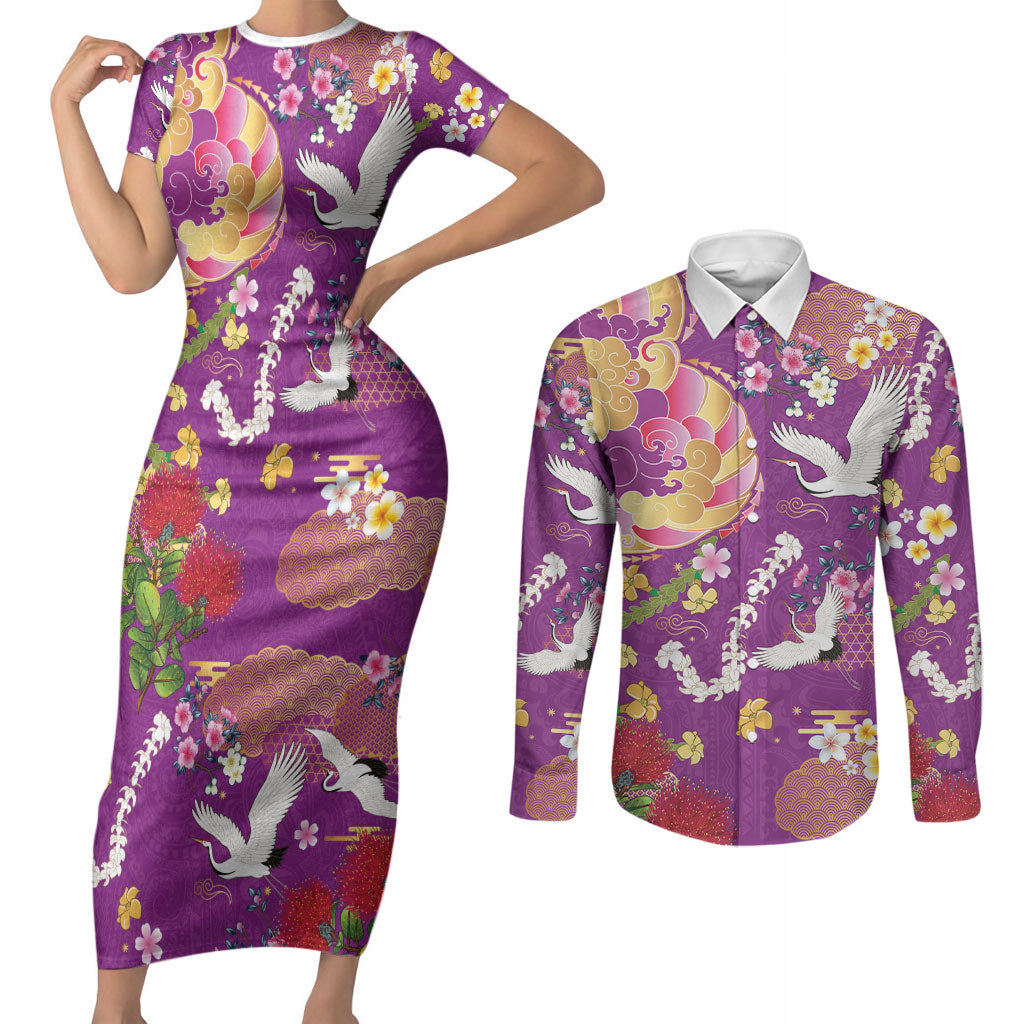 Hawaiian and Japanese Culture Together Couples Matching Short Sleeve Bodycon Dress and Long Sleeve Button Shirt Kakau Tribal Pattern and Irezumi Art Purple Color LT03 Purple - Polynesian Pride