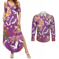 Hawaiian and Japanese Culture Together Couples Matching Summer Maxi Dress and Long Sleeve Button Shirt Kakau Tribal Pattern and Irezumi Art Purple Color LT03 Purple - Polynesian Pride