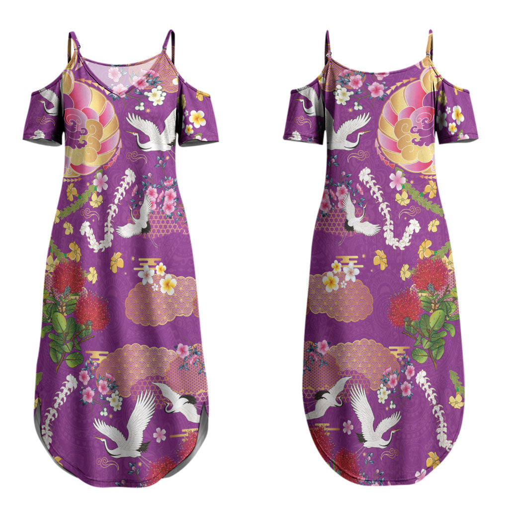 Hawaiian and Japanese Culture Together Couples Matching Summer Maxi Dress and Long Sleeve Button Shirt Kakau Tribal Pattern and Irezumi Art Purple Color LT03 - Polynesian Pride