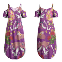 Hawaiian and Japanese Culture Together Couples Matching Summer Maxi Dress and Long Sleeve Button Shirt Kakau Tribal Pattern and Irezumi Art Purple Color LT03 - Polynesian Pride