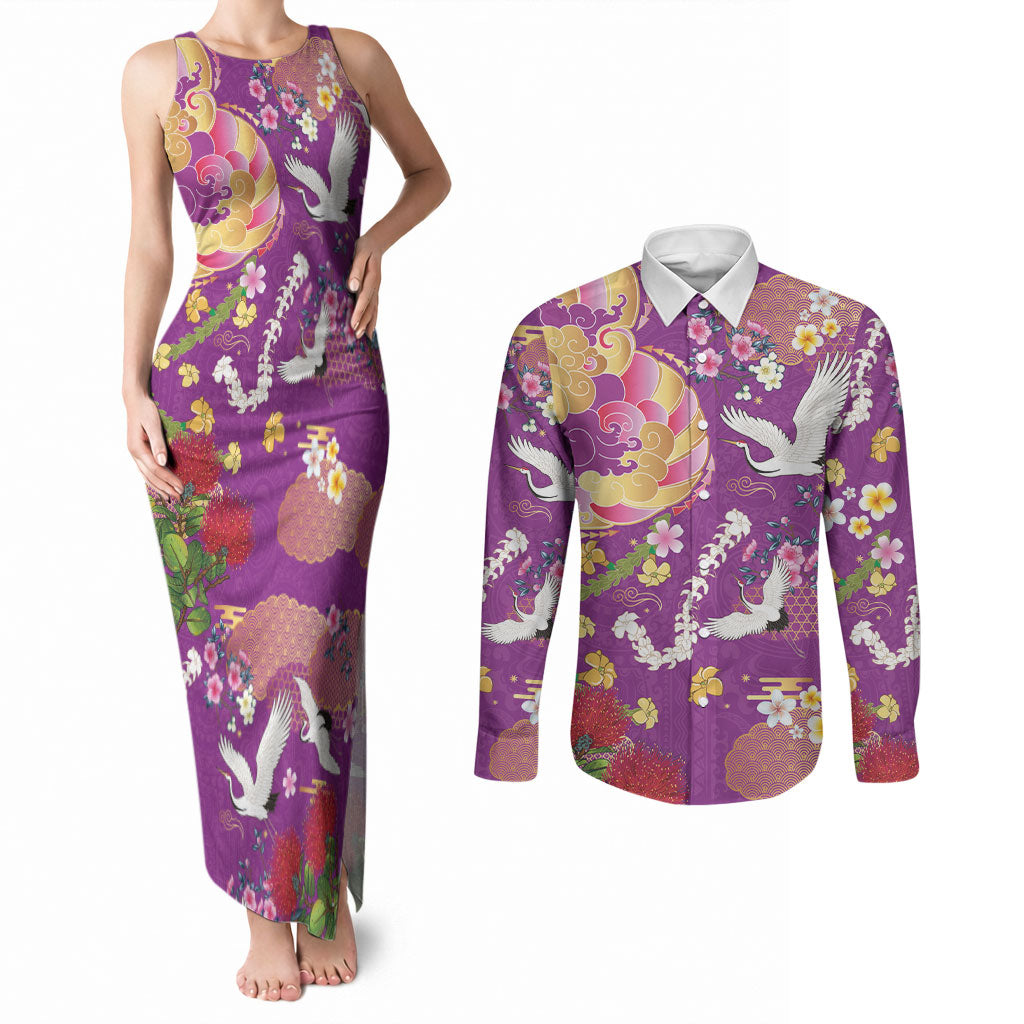 Hawaiian and Japanese Culture Together Couples Matching Tank Maxi Dress and Long Sleeve Button Shirt Kakau Tribal Pattern and Irezumi Art Purple Color LT03 Purple - Polynesian Pride