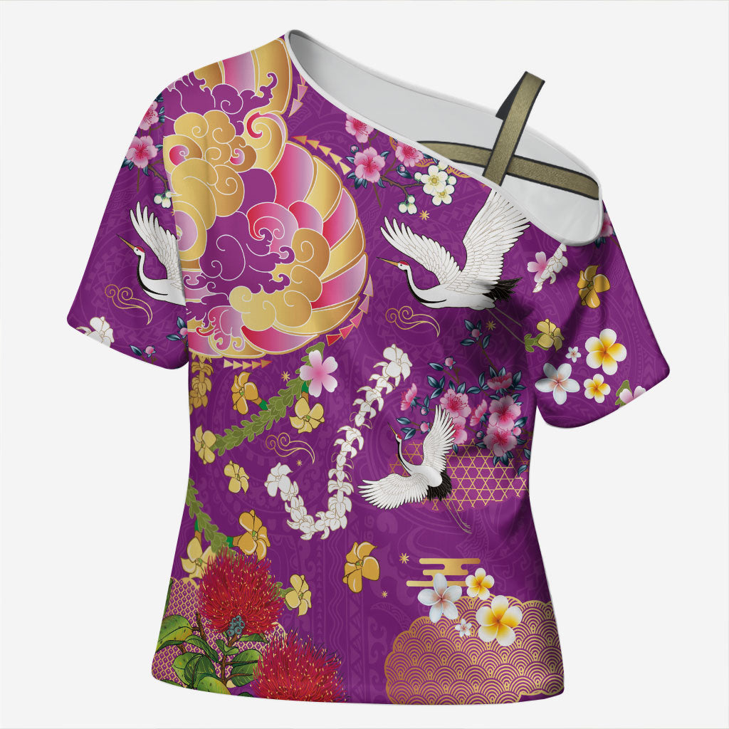 Hawaiian and Japanese Culture Together Cross Shoulder Shirt Kakau Tribal Pattern and Irezumi Art Purple Color LT03 Female Purple - Polynesian Pride