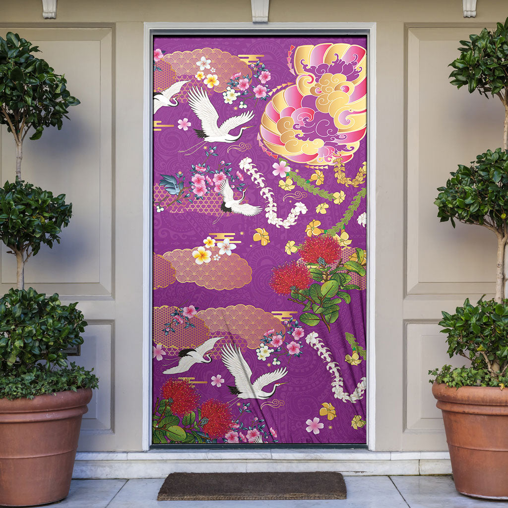 Hawaiian and Japanese Culture Together Door Cover Kakau Tribal Pattern and Irezumi Art Purple Color LT03 Purple - Polynesian Pride