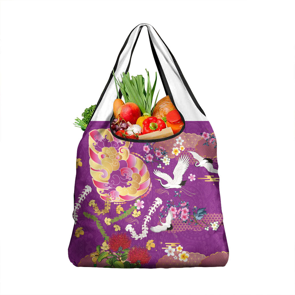 Hawaiian and Japanese Culture Together Grocery Bag Kakau Tribal Pattern and Irezumi Art Purple Color LT03 1-pack One Size Purple - Polynesian Pride