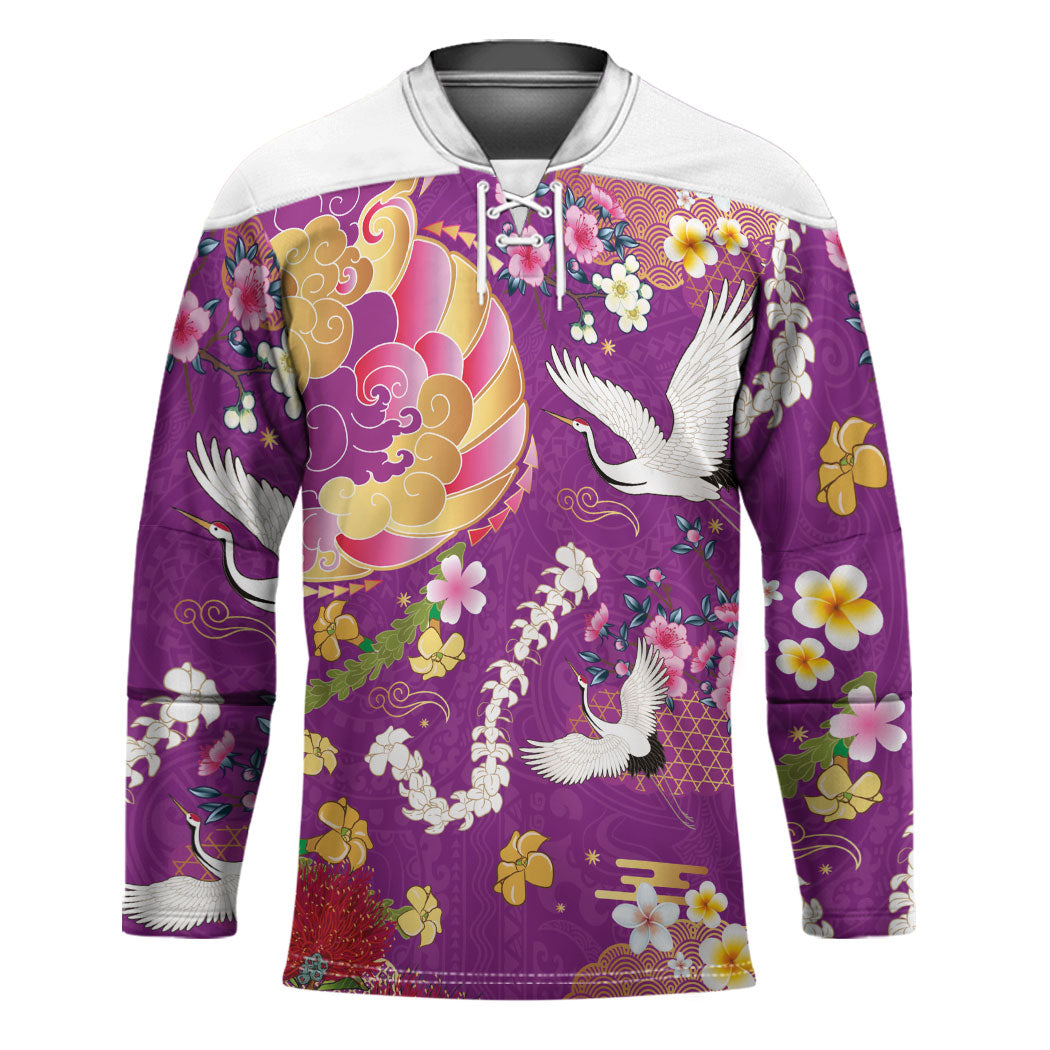 Hawaiian and Japanese Culture Together Hockey Jersey Kakau Tribal Pattern and Irezumi Art Purple Color LT03 Unisex Purple - Polynesian Pride