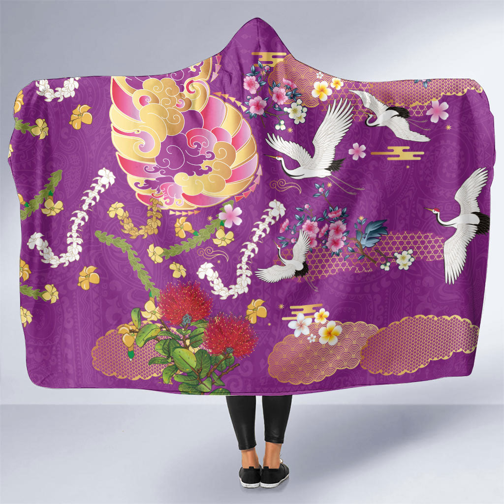 Hawaiian and Japanese Culture Together Hooded Blanket Kakau Tribal Pattern and Irezumi Art Purple Color LT03 One Size Purple - Polynesian Pride