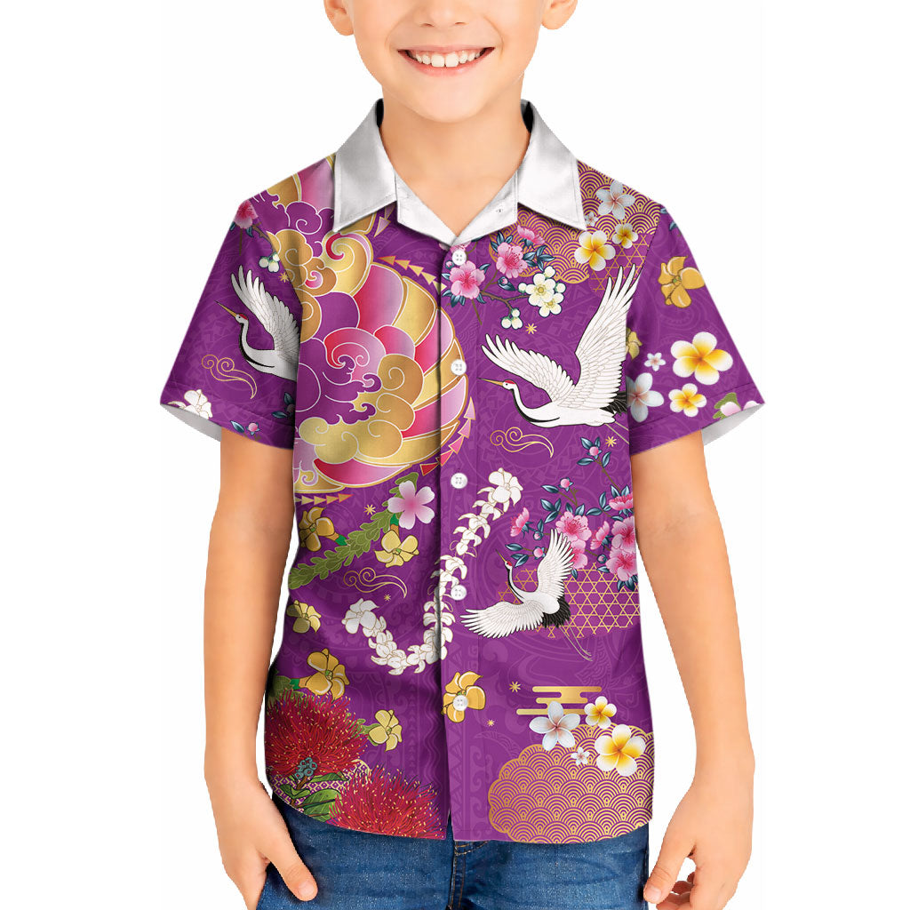 Hawaiian and Japanese Culture Together Kid Hawaiian Shirt Kakau Tribal Pattern and Irezumi Art Purple Color LT03 Kid Purple - Polynesian Pride