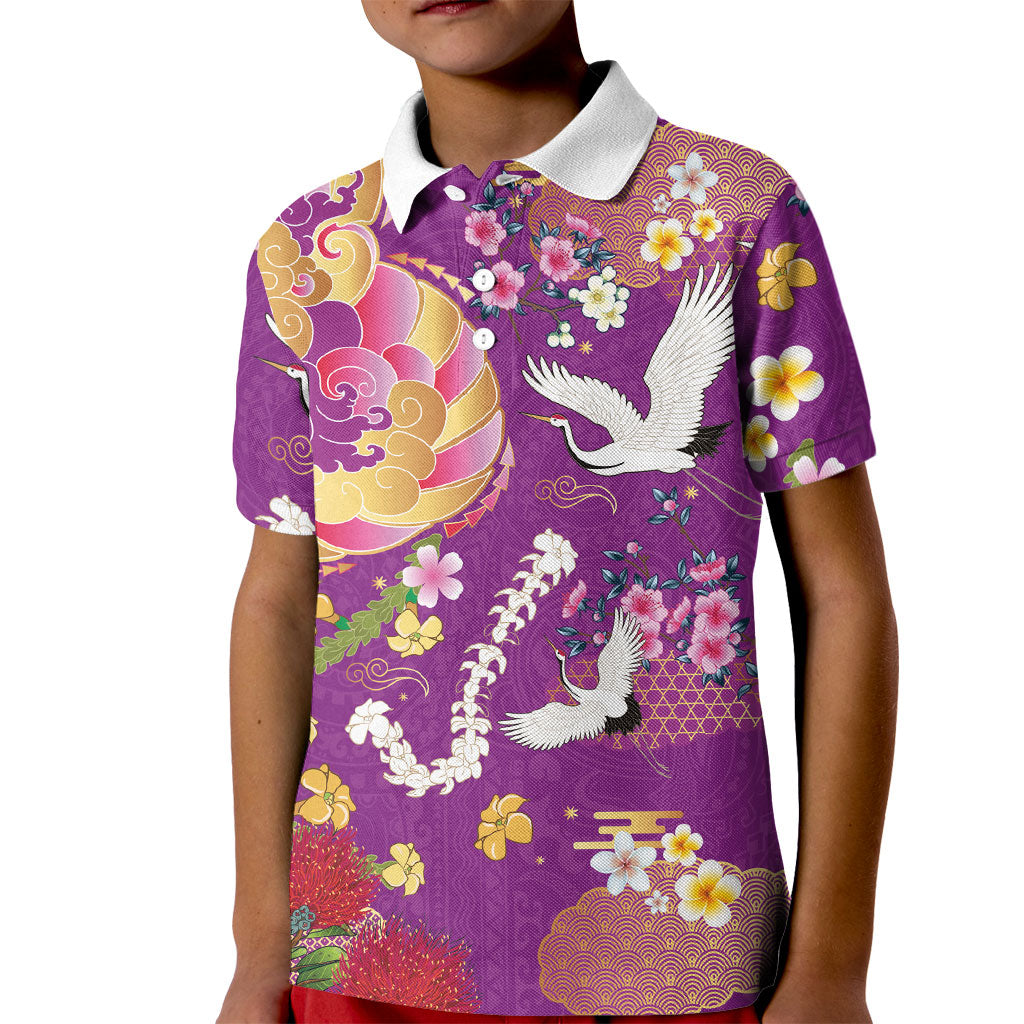 Hawaiian and Japanese Culture Together Kid Polo Shirt Kakau Tribal Pattern and Irezumi Art Purple Color LT03 Kid Purple - Polynesian Pride
