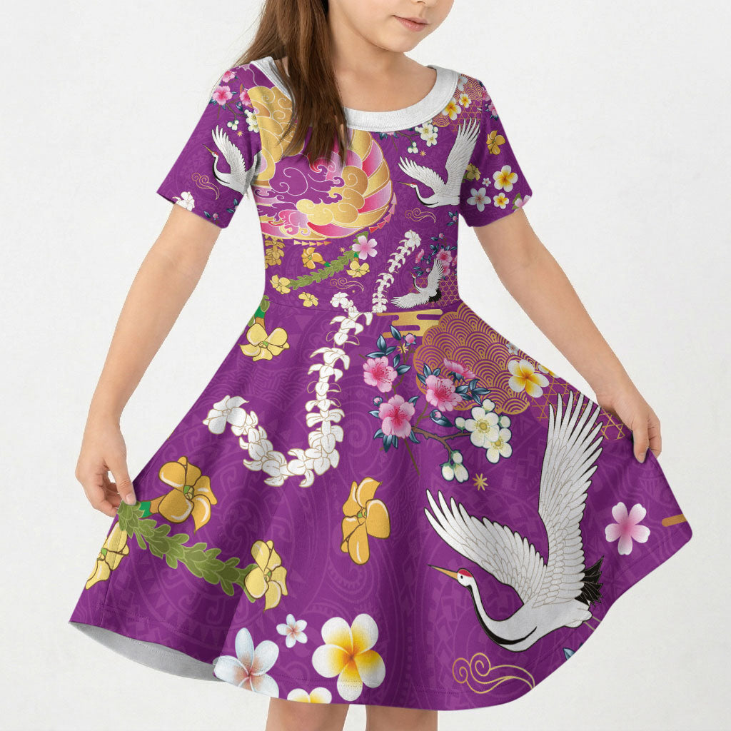 Hawaiian and Japanese Culture Together Kid Short Sleeve Dress Kakau Tribal Pattern and Irezumi Art Purple Color LT03 KID Purple - Polynesian Pride