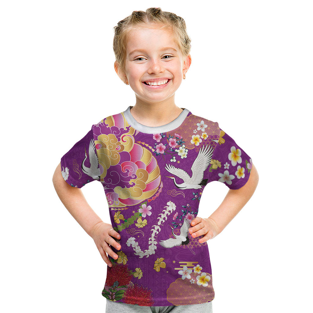 Hawaiian and Japanese Culture Together Kid T Shirt Kakau Tribal Pattern and Irezumi Art Purple Color LT03 Purple - Polynesian Pride