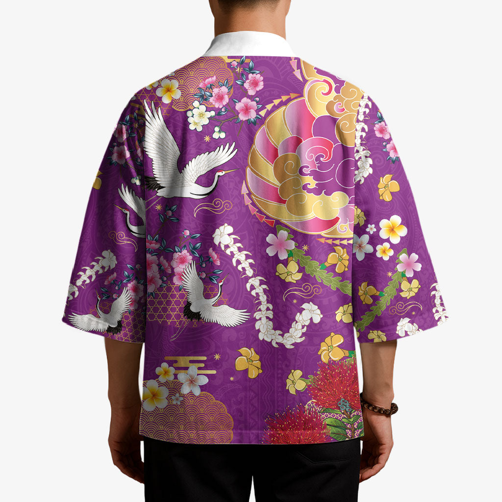 Hawaiian and Japanese Culture Together Kimono Kakau Tribal Pattern and Irezumi Art Purple Color