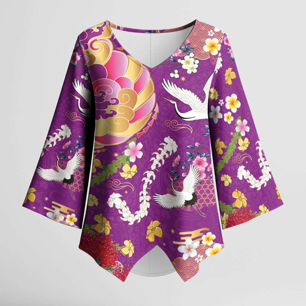 Hawaiian and Japanese Culture Together Kimono Sleeve Blouse Kakau Tribal Pattern and Irezumi Art Purple Color LT03 Female Purple - Polynesian Pride