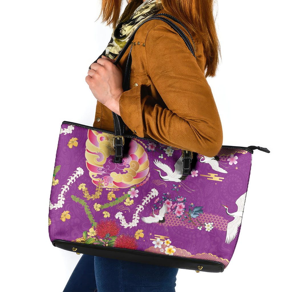 Hawaiian and Japanese Culture Together Leather Tote Bag Kakau Tribal Pattern and Irezumi Art Purple Color LT03 Purple - Polynesian Pride