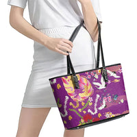 Hawaiian and Japanese Culture Together Leather Tote Bag Kakau Tribal Pattern and Irezumi Art Purple Color LT03 - Polynesian Pride