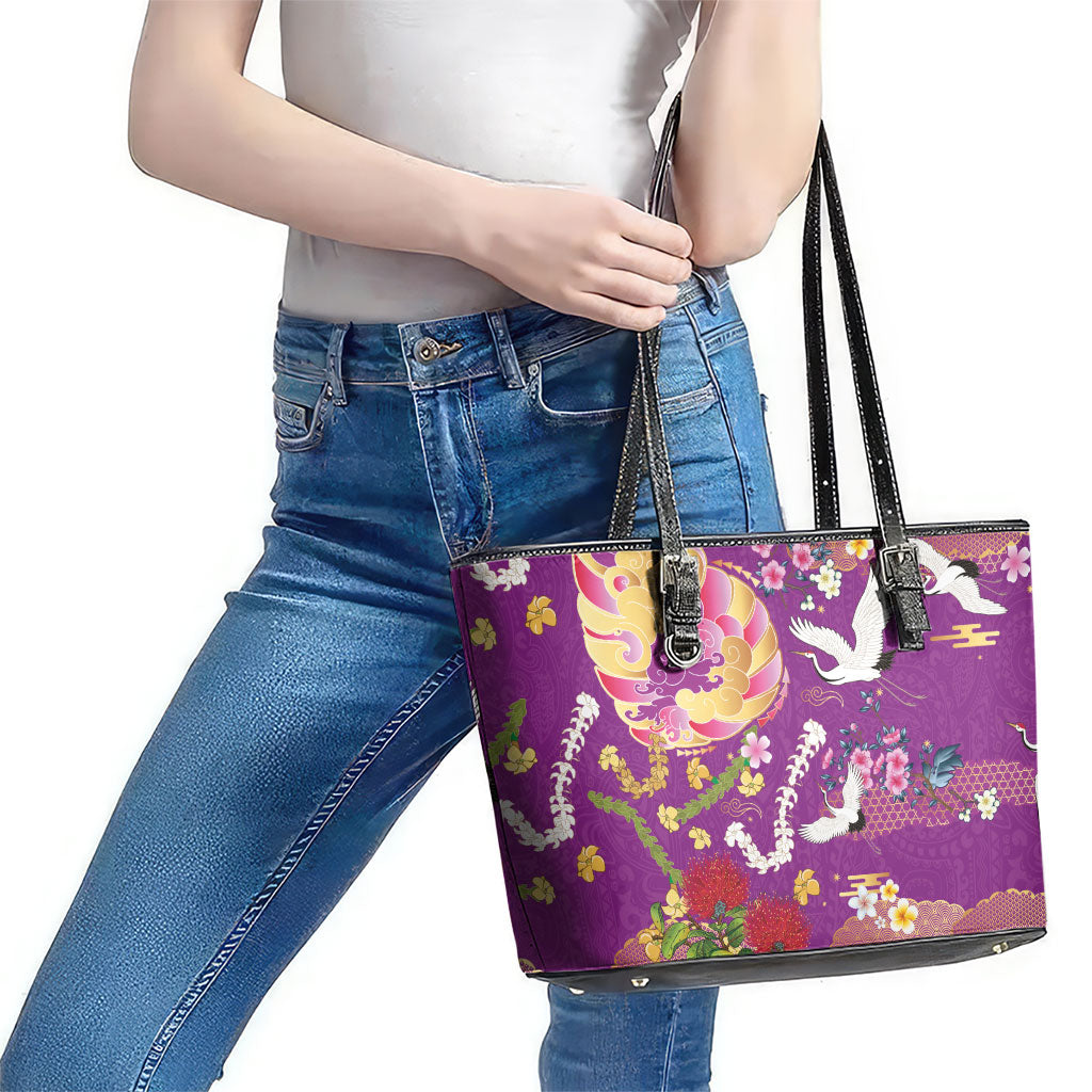 Hawaiian and Japanese Culture Together Leather Tote Bag Kakau Tribal Pattern and Irezumi Art Purple Color LT03 - Polynesian Pride