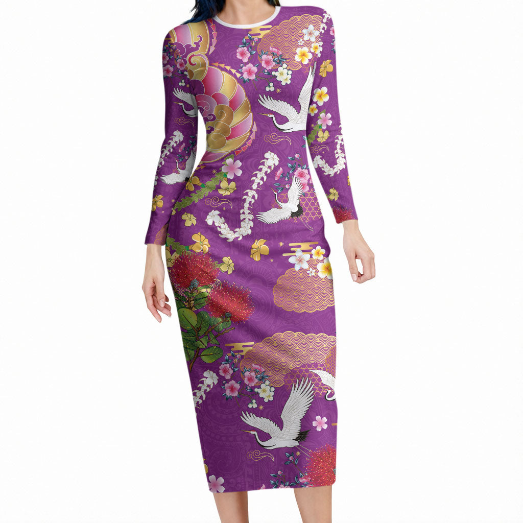 Hawaiian and Japanese Culture Together Long Sleeve Bodycon Dress Kakau Tribal Pattern and Irezumi Art Purple Color LT03 Long Dress Purple - Polynesian Pride