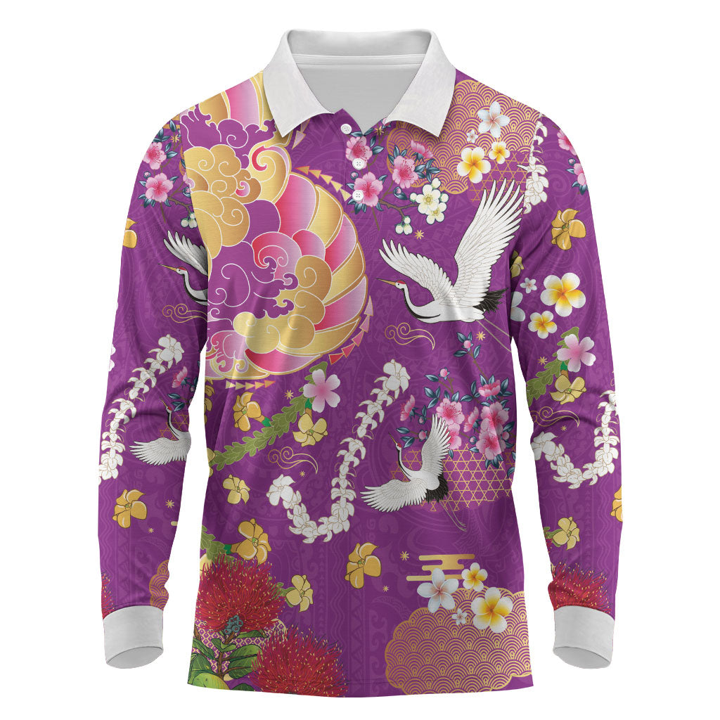 Hawaiian and Japanese Culture Together Long Sleeve Polo Shirt Kakau Tribal Pattern and Irezumi Art Purple Color LT03 Purple - Polynesian Pride