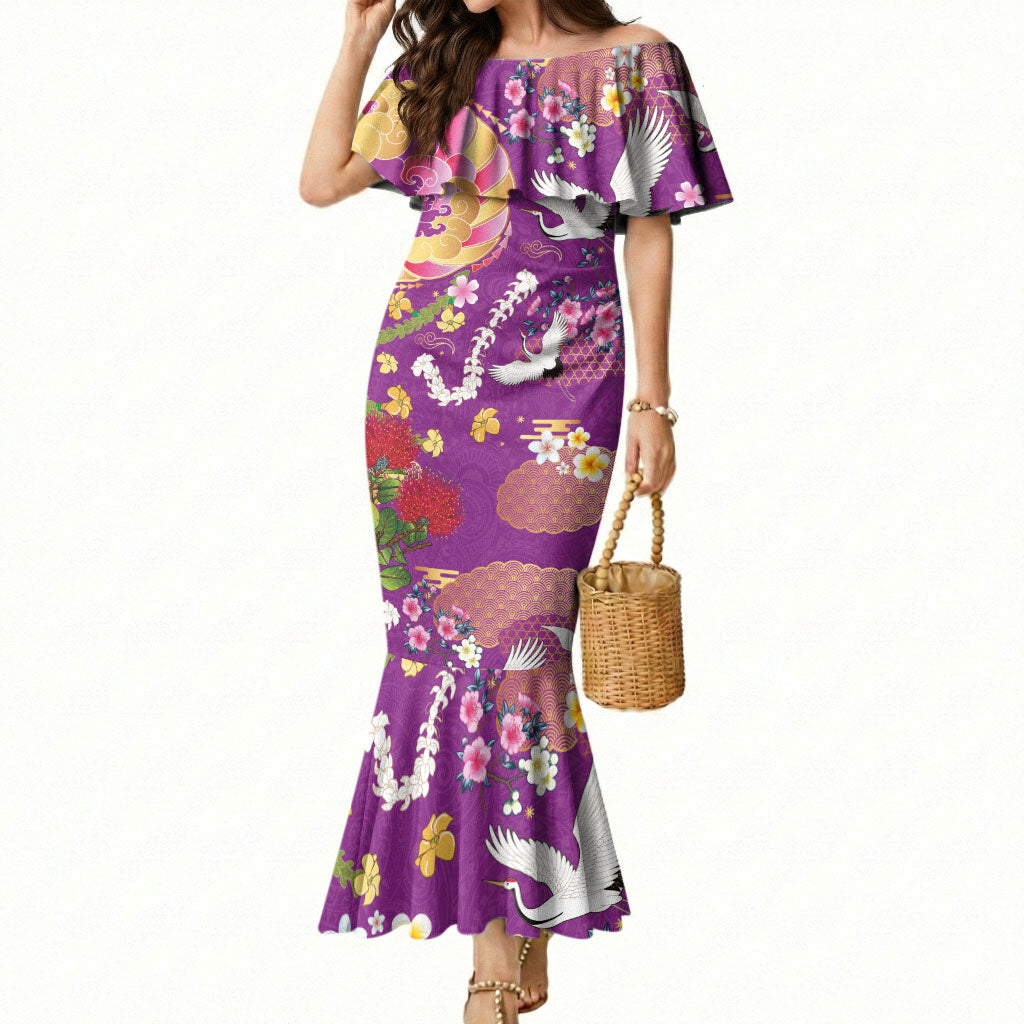 Hawaiian and Japanese Culture Together Mermaid Dress Kakau Tribal Pattern and Irezumi Art Purple Color LT03 Women Purple - Polynesian Pride