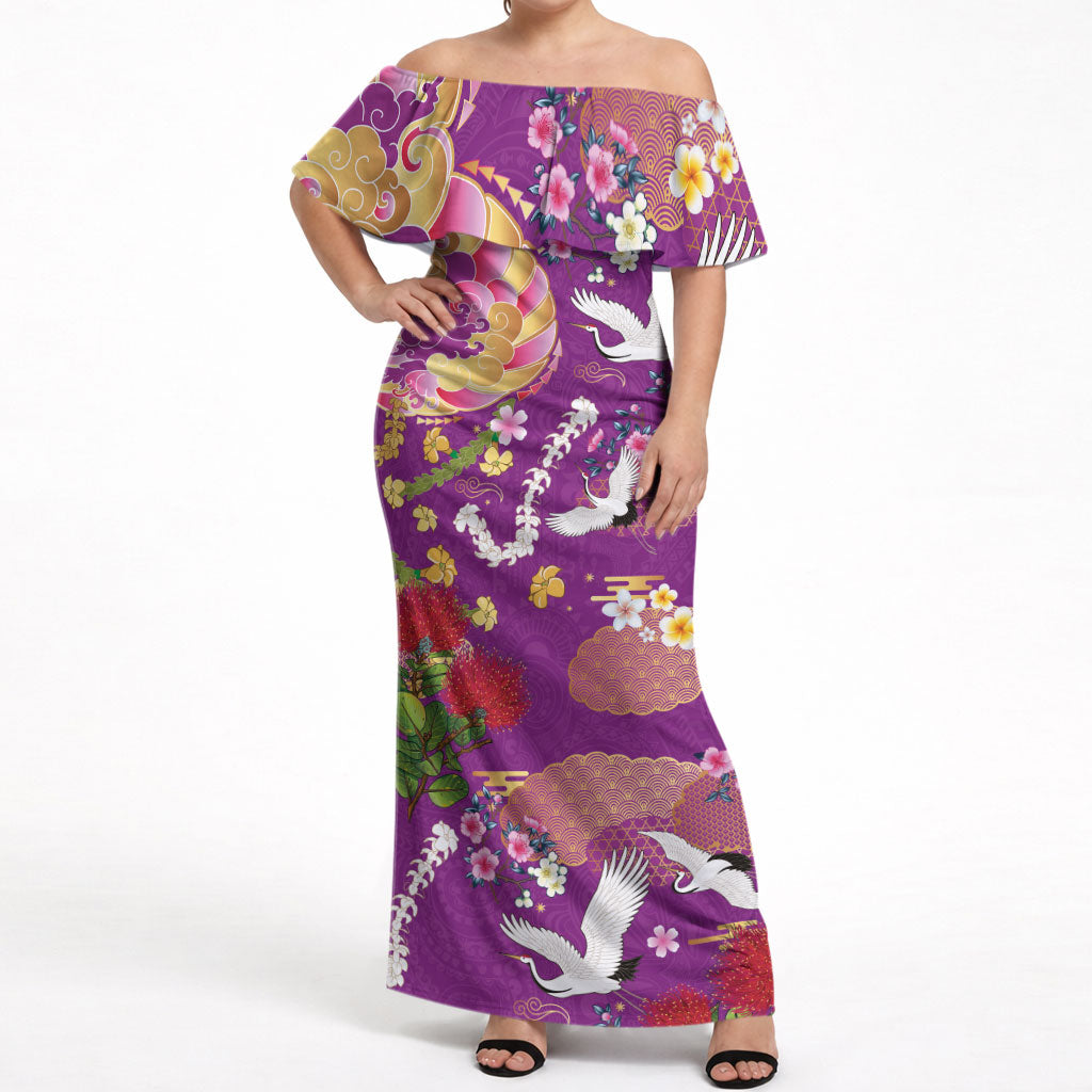 Hawaiian and Japanese Culture Together Off Shoulder Maxi Dress Kakau Tribal Pattern and Irezumi Art Purple Color LT03 Women Purple - Polynesian Pride