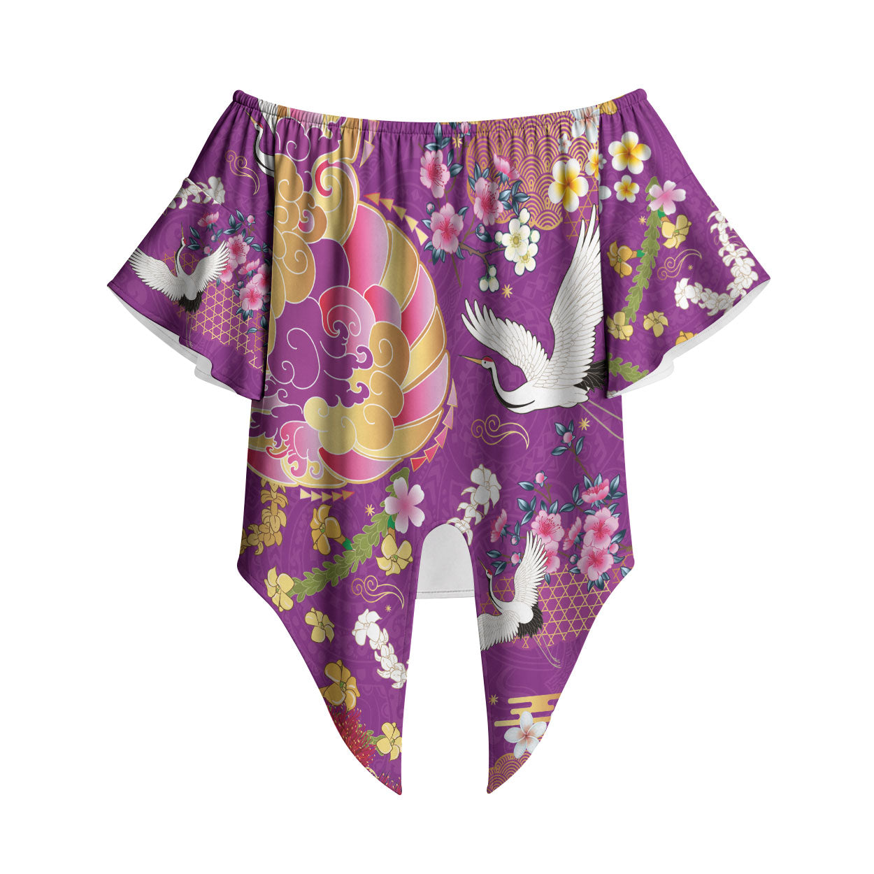 Hawaiian and Japanese Culture Together Off Shoulder Wrap Waist Top Kakau Tribal Pattern and Irezumi Art Purple Color LT03 Purple - Polynesian Pride