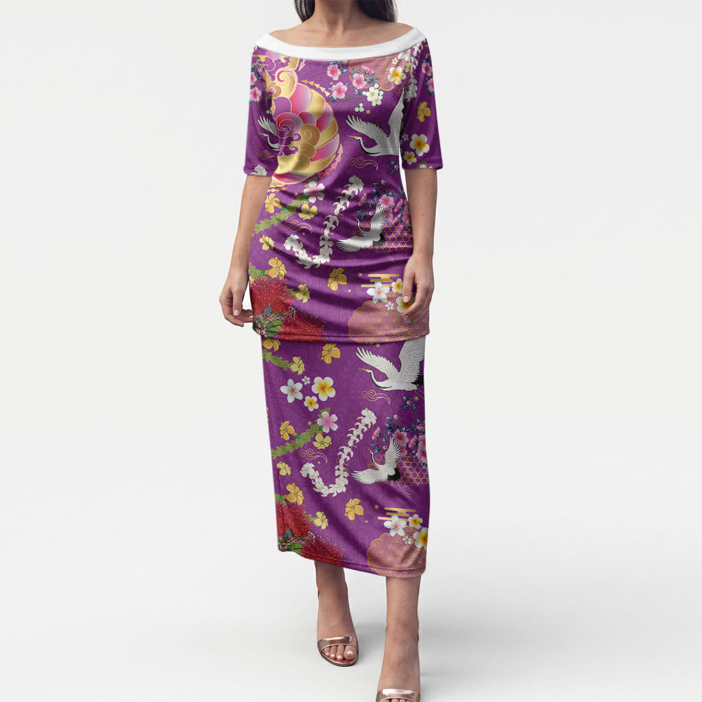 Hawaiian and Japanese Culture Together Puletasi Kakau Tribal Pattern and Irezumi Art Purple Color LT03 Long Dress Purple - Polynesian Pride