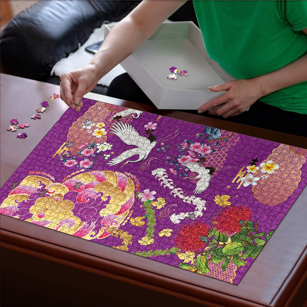 Hawaiian and Japanese Culture Together Puzzle Kakau Tribal Pattern and Irezumi Art Purple Color LT03 - Polynesian Pride