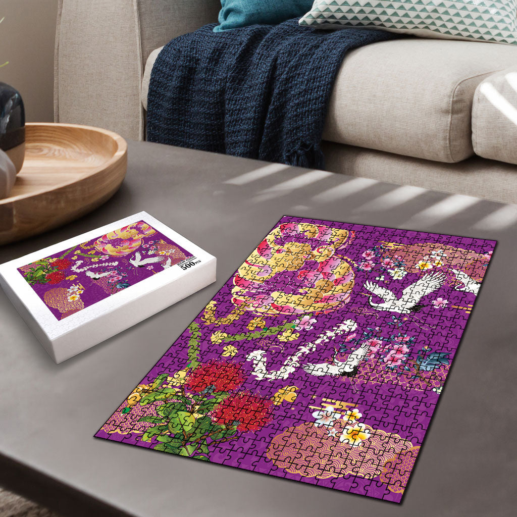 Hawaiian and Japanese Culture Together Puzzle Kakau Tribal Pattern and Irezumi Art Purple Color LT03 - Polynesian Pride