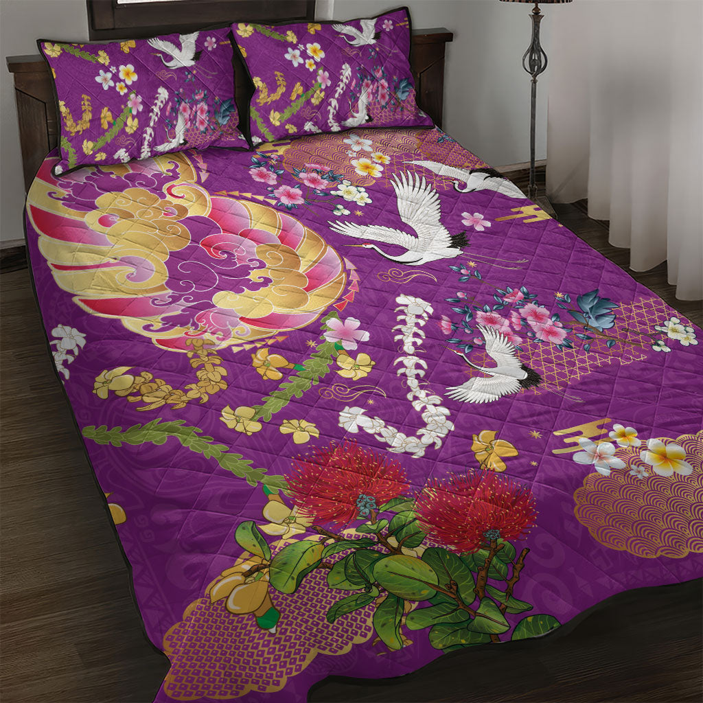 Hawaiian and Japanese Culture Together Quilt Bed Set Kakau Tribal Pattern and Irezumi Art Purple Color LT03 Purple - Polynesian Pride